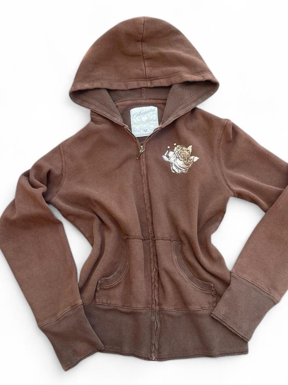 VTG 00s Y2K Aeropostale Brown Rose Studded Zip Ribbed Hoodie No Logo M